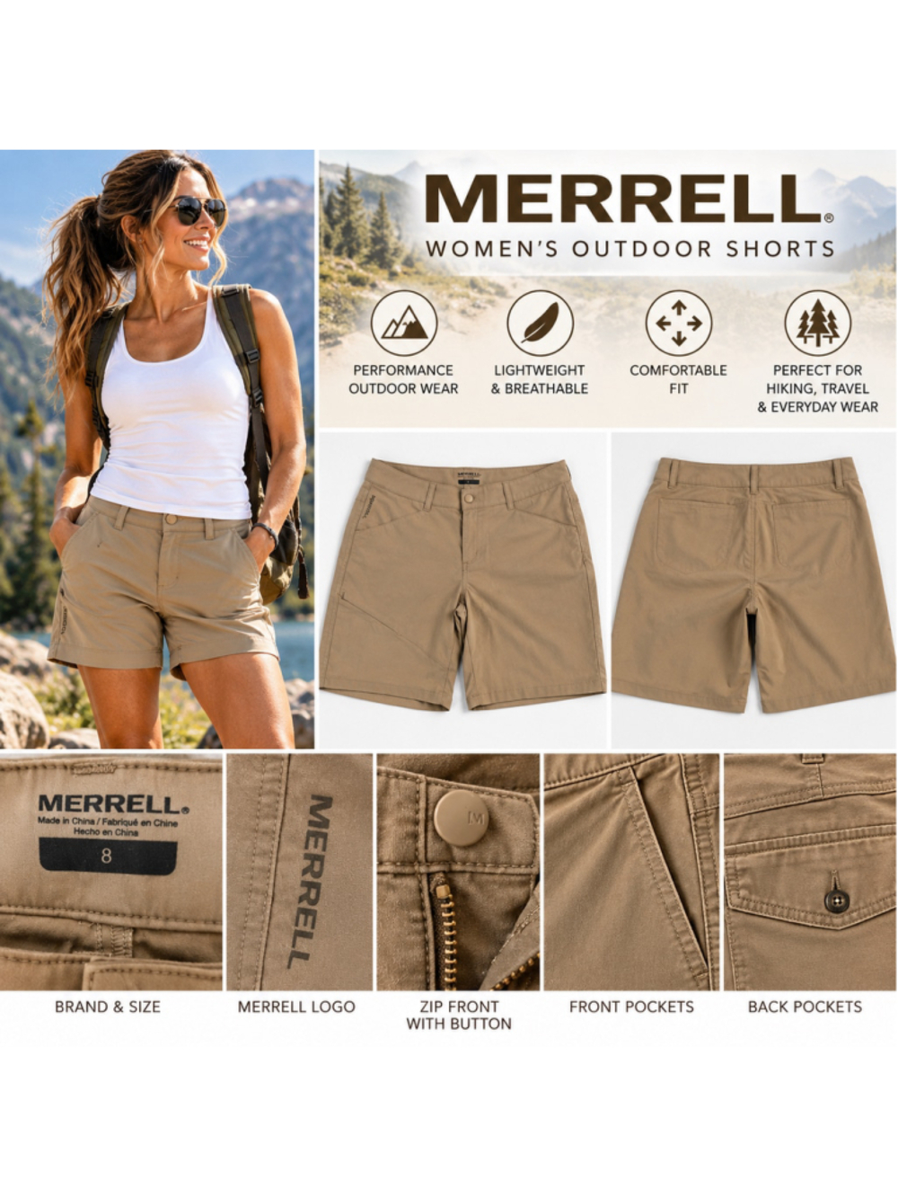 Merrell Women’s Outdoor Hiking Bermuda Shorts Tan Khaki Pockets Size 8 W-200